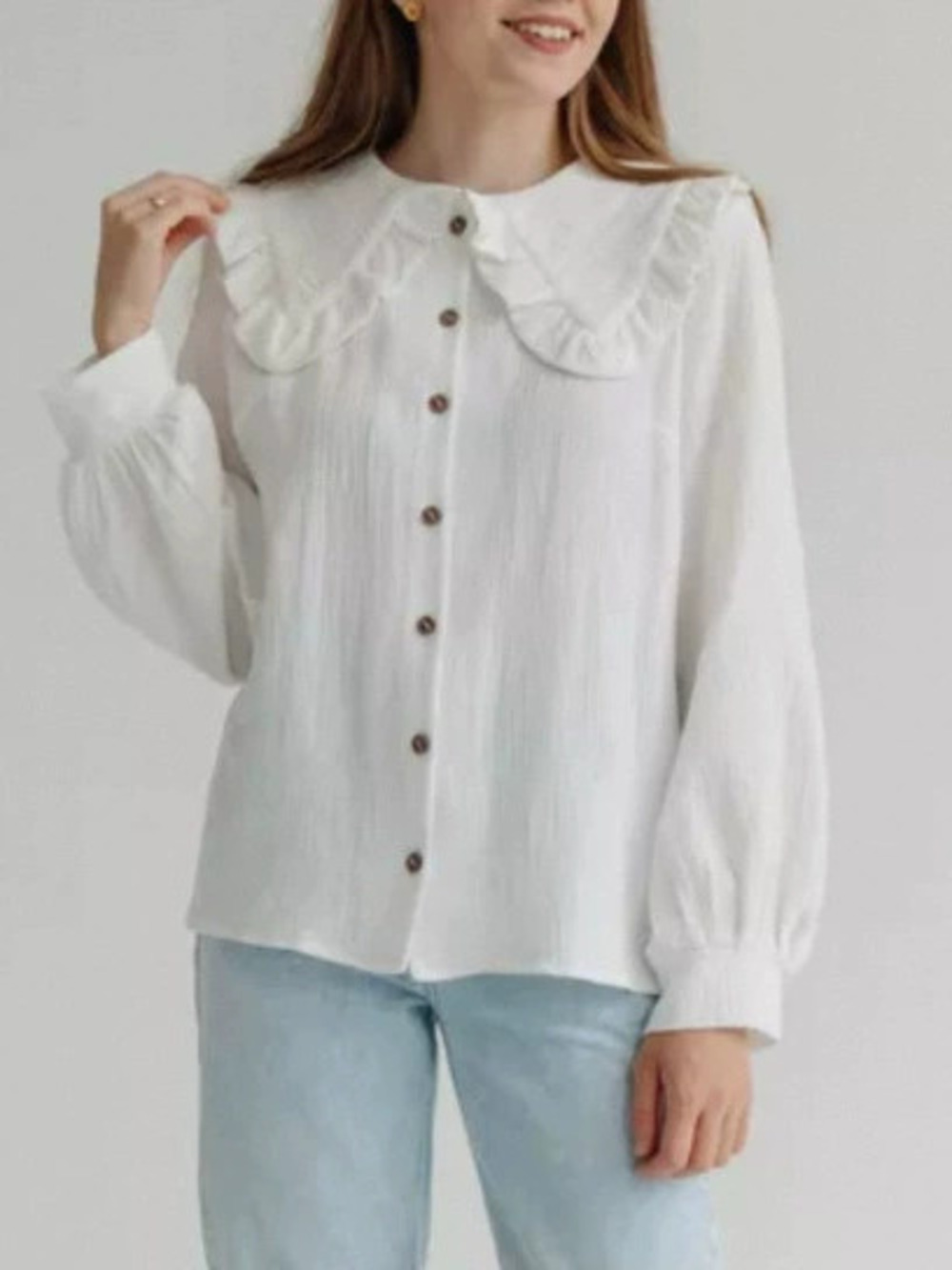 Zara Classic Retro White Ruffle Peter Pan Collar Long Sleeve Blouse
